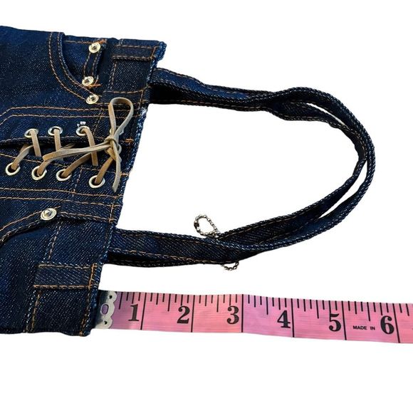 Small Blue Jean Purse Handbag Zipper Closure Faux Lace Up Look Clutch‎ Size Bag - Picture 4 of 9